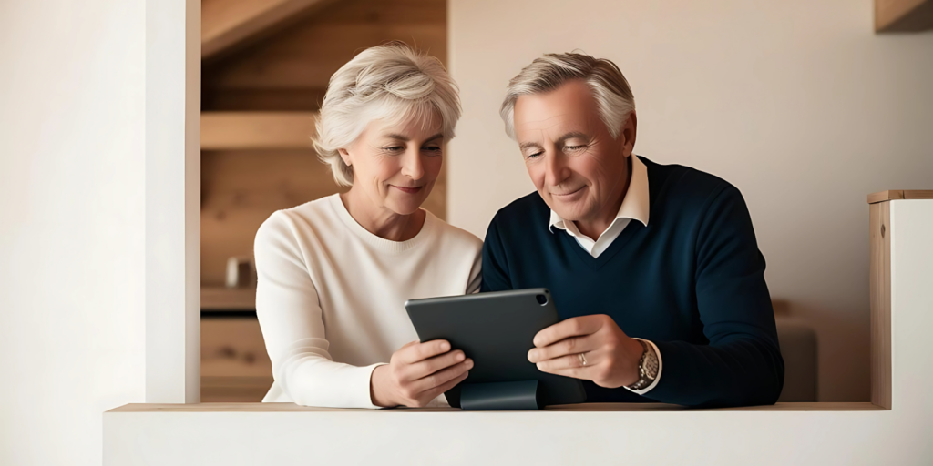 Couple personnes retraitées qui lisent une tablette